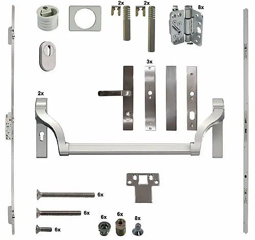 Antipaniek Inbouwset voor dubbele deur Duwstang/Duwstang Serie 010 Automatic RVS voor deurhoogte 1950-3200mm Draairichting 4