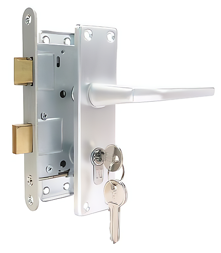 Poortslot aluminium complete set met rechte schilden gebogen kruk PC55