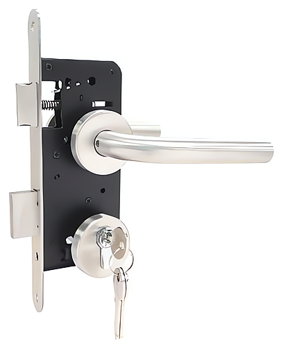 Poortslot RVS complete set met rozetten en licht gebogen kruk PC72