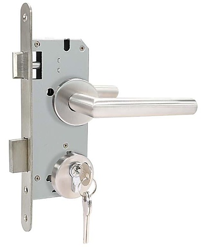 Poortslot RVS complete set met rozetten en rechte kruk PC85