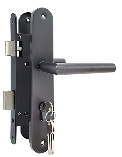 Poortslot zwart complete set met afgeronde schilden met rechte kruk PC85