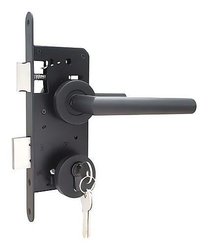 Poortslot zwart complete set met rozetten en rechte kruk PC72