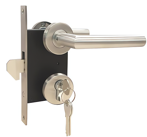 Schuifpoortslot RVS complete set met rozetten en rechte kruk PC72